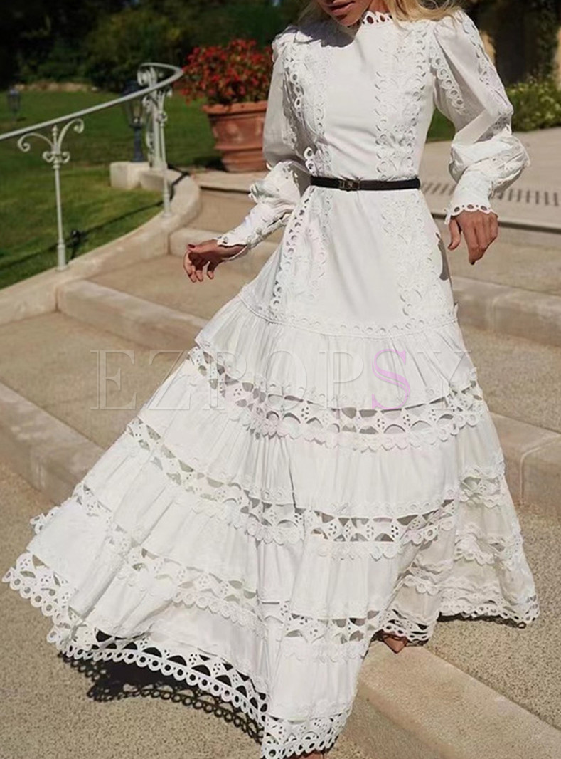 Fashion Circle Trims Puff Sleeve White Maxi Dresses