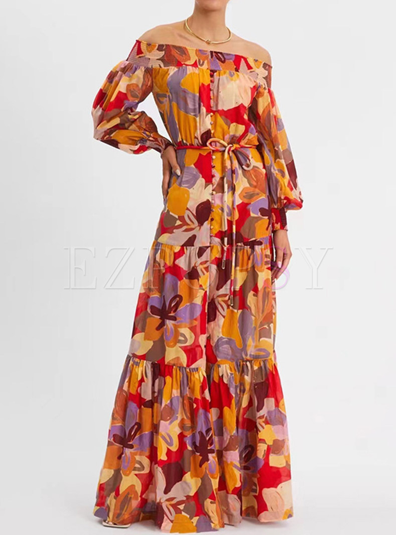 Pretty Frill Trim Allover Print Off Shoulder Long Dresses