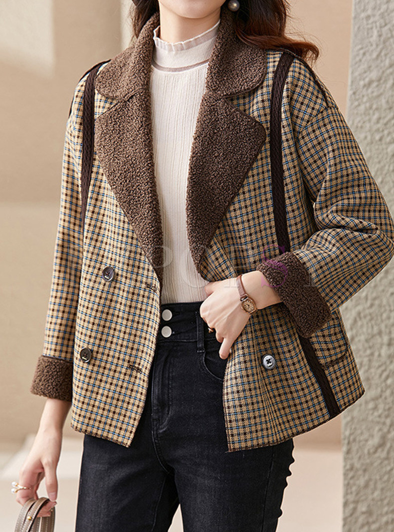 Notched Collar Plaid Double-Breasted Fur-Lined Women's Winter Coats