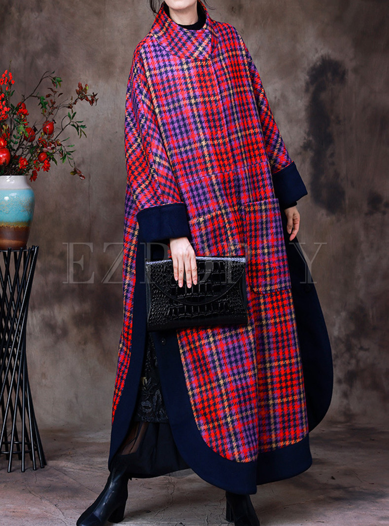 Mock Neck Slit Plaid Wool Women's Long Coats