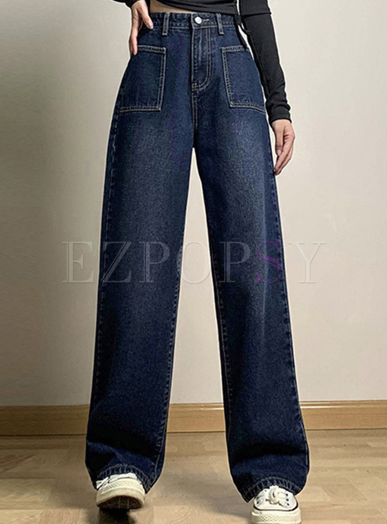 Womens Vintage Oversize High Waisted Jeans With Pockets