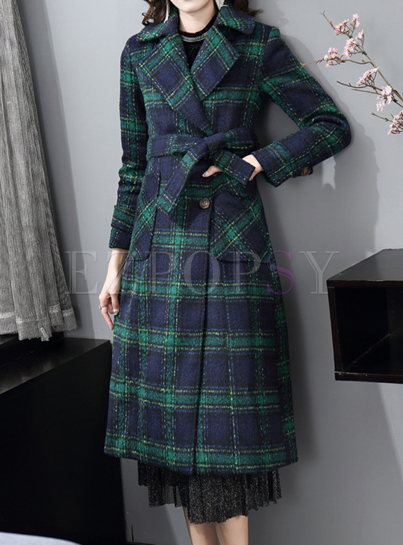 Large Lapels Plaid Thickened Tie Waist Womens Winter Coats