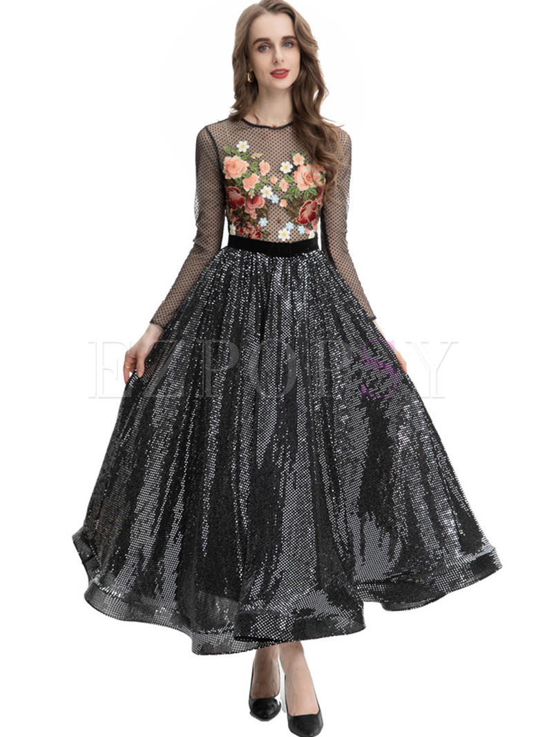 Elegant Transparent Embroidered Big Hem Maxi Dresses