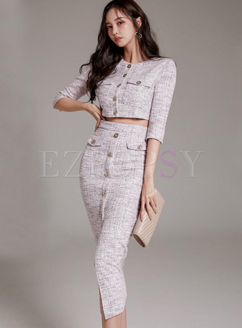 Elegant Crewneck Cropped Top & Metal Button Tight Skirt Suits