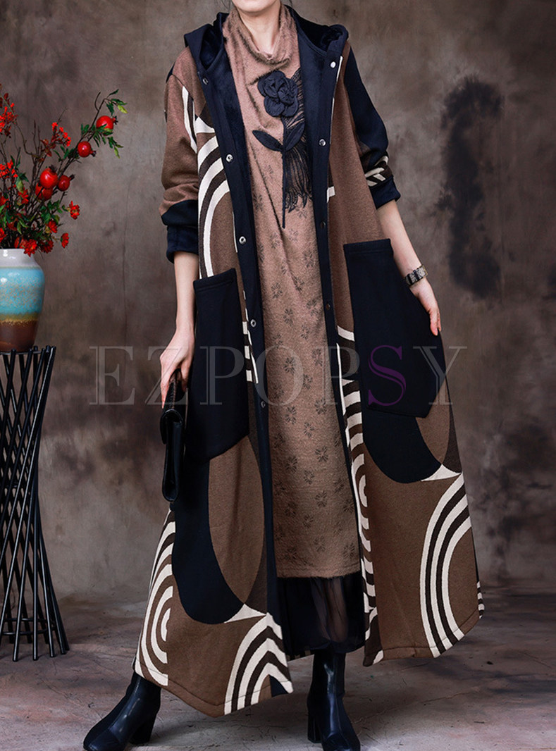 Hooded Wool Blend Printed Single-Breasted Winter Coats For Women