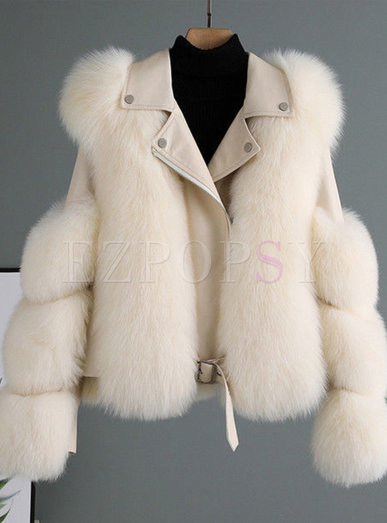Turn-Down Collar PU Splicing Women's Faux Fur Coats