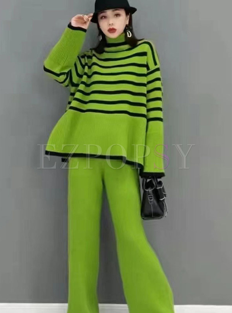 High Neck Striped Loose Knitted Pant Suit Set For Women