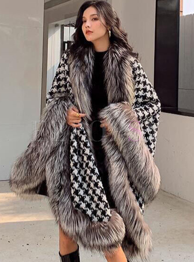 Fashion Fur-Trimmed Houndstooth Thickened Ponchos For Women