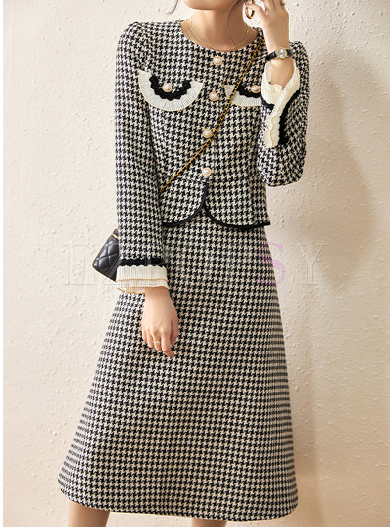 Elegant Houndstooth Metal Button Skirt Suits