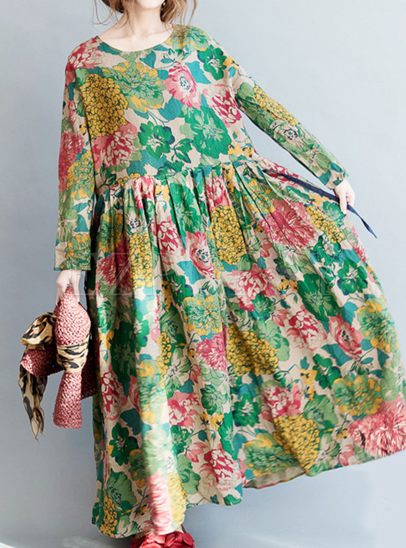 Ethnic Crewneck Long Sleeve Floral Print Linen Dresses