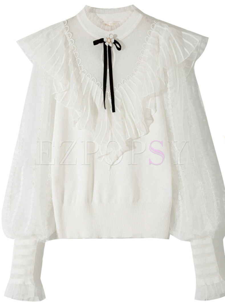 Ruffle Neckline Bow-Embellished Ruffles Knitted Jumper For Women