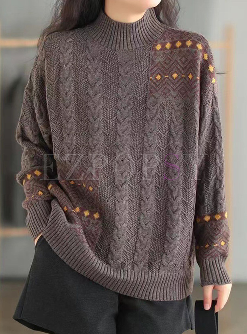 Vintage Mock Neck Cable Knit Womens Sweaters