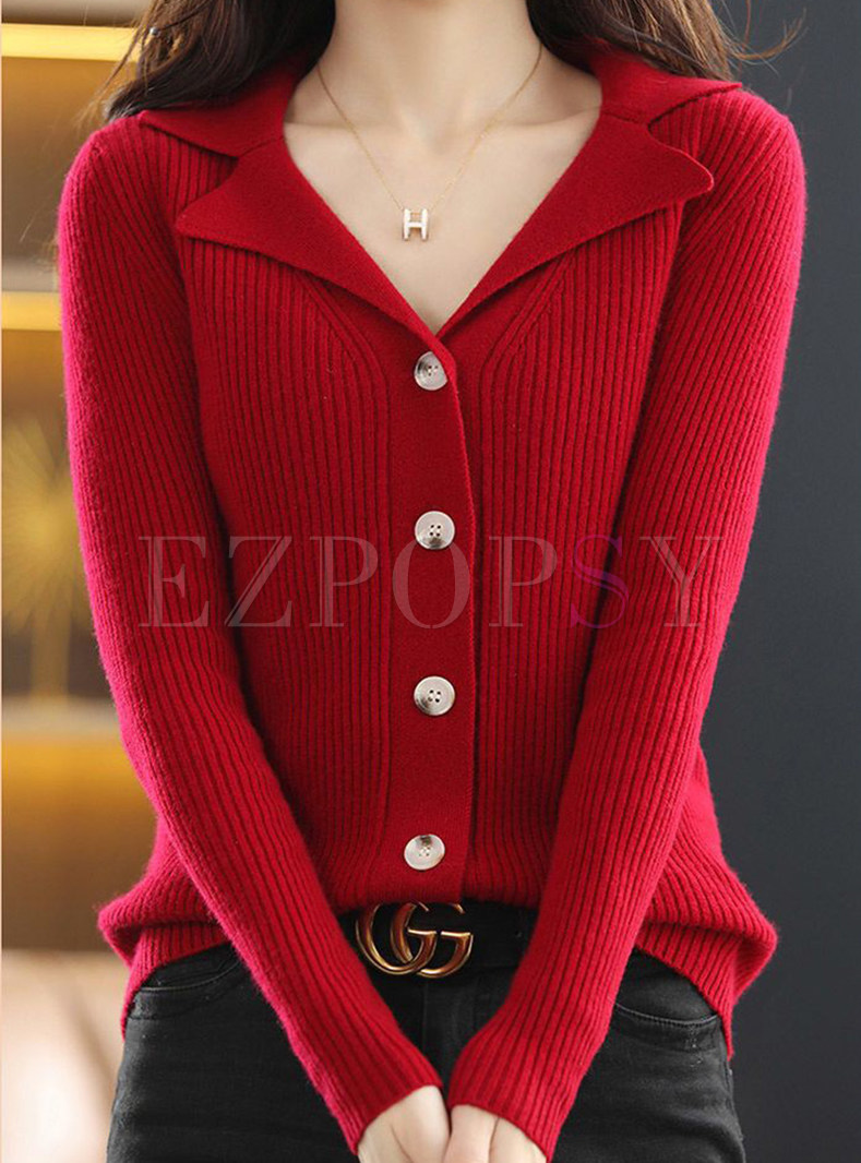 Casual Turn-Down Collar Single-Breasted Open Front Knitted Womens