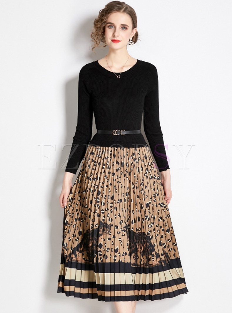 Crew Neck Knitted Patch Leopard Print Pleated Midi Dresses