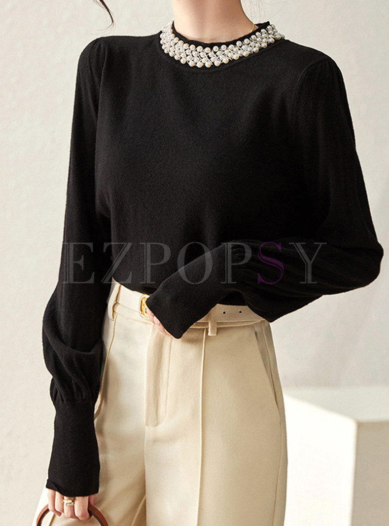 Pearl Collar Solid Tops For Women