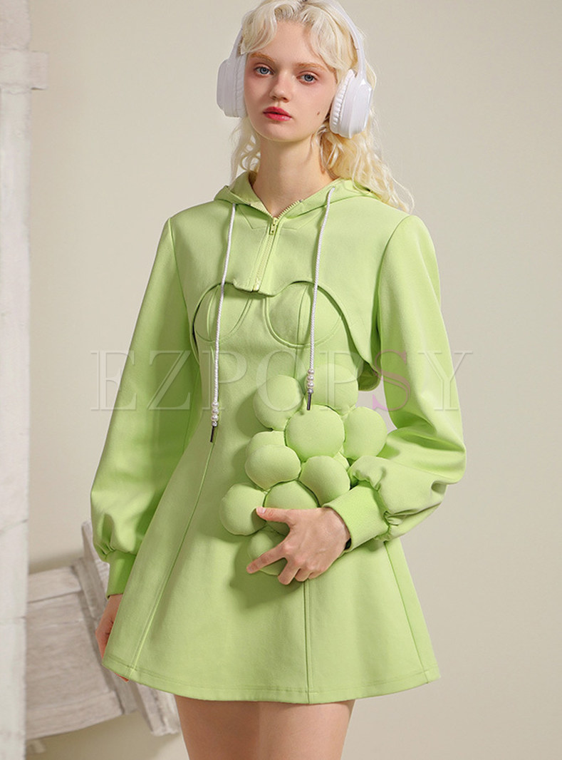Cute Flower Decor Hooded Skirt Suits
