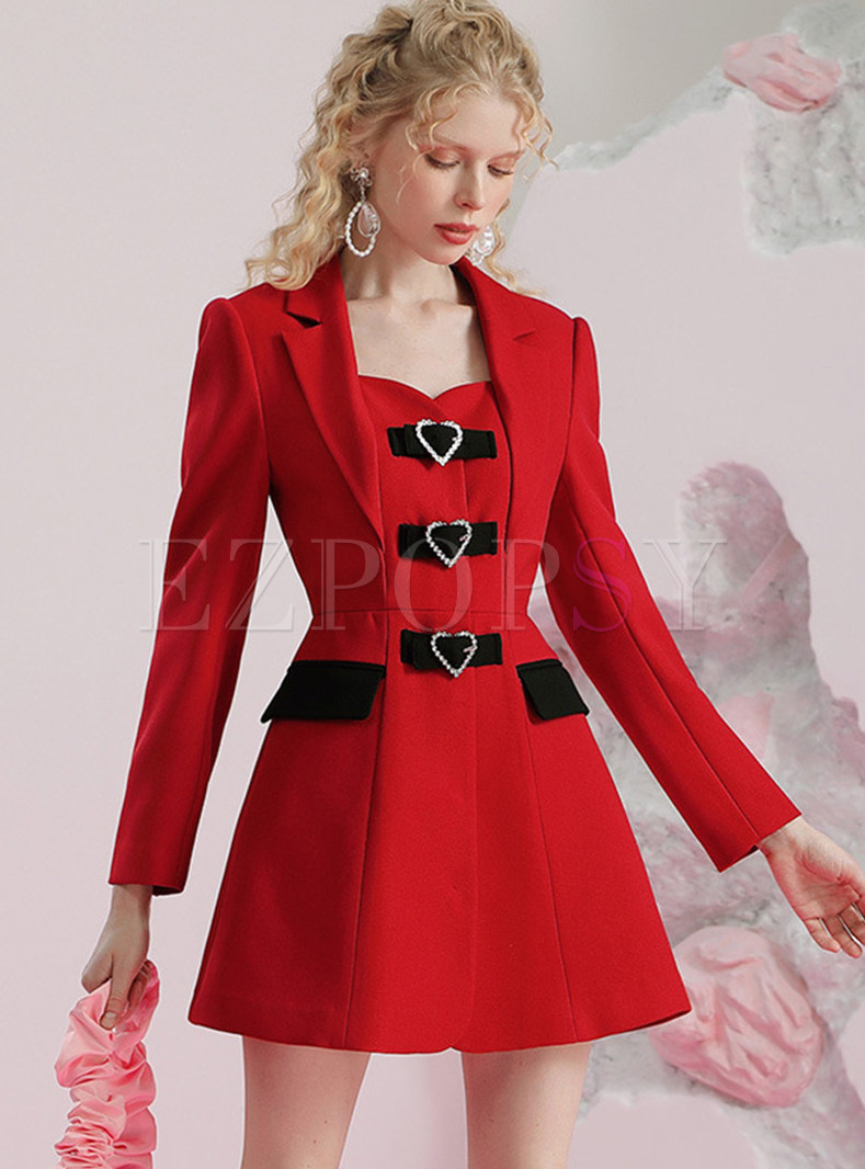 Large Lapels Hearts Decor Contrasting Short Dresses