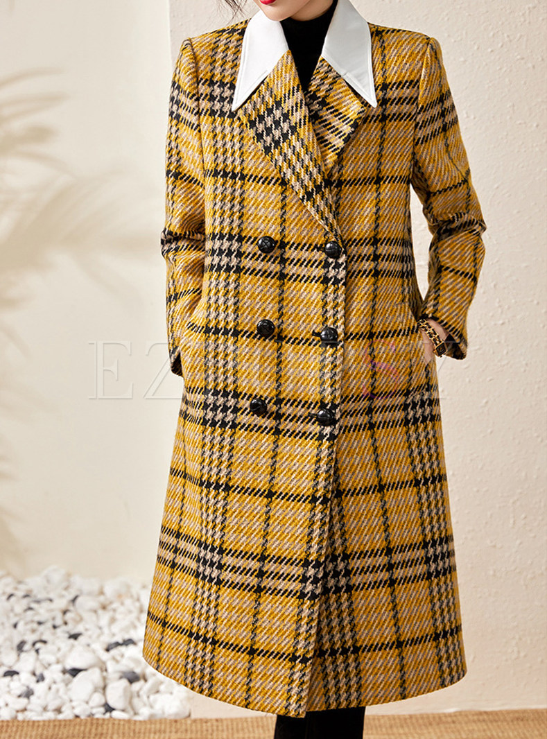 Elegant Large Lapels Plaid Woolen Women's Winter Coats