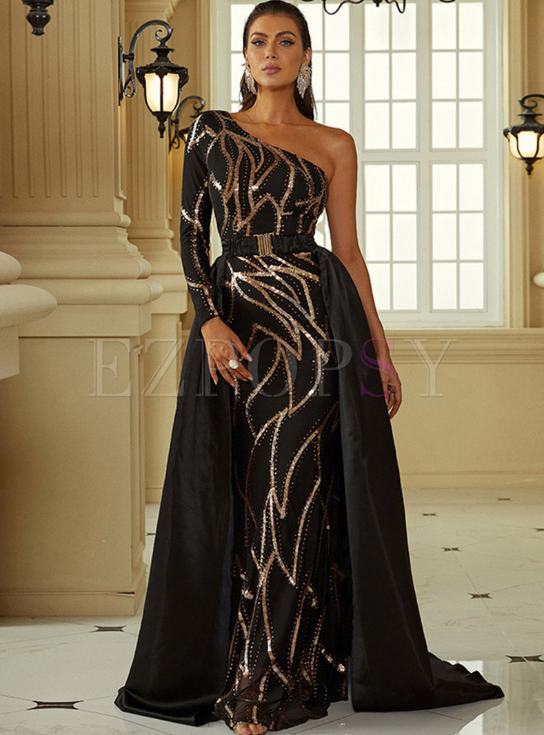 Glamorous One Sleeve Sequined Big Hem Prom Dresses