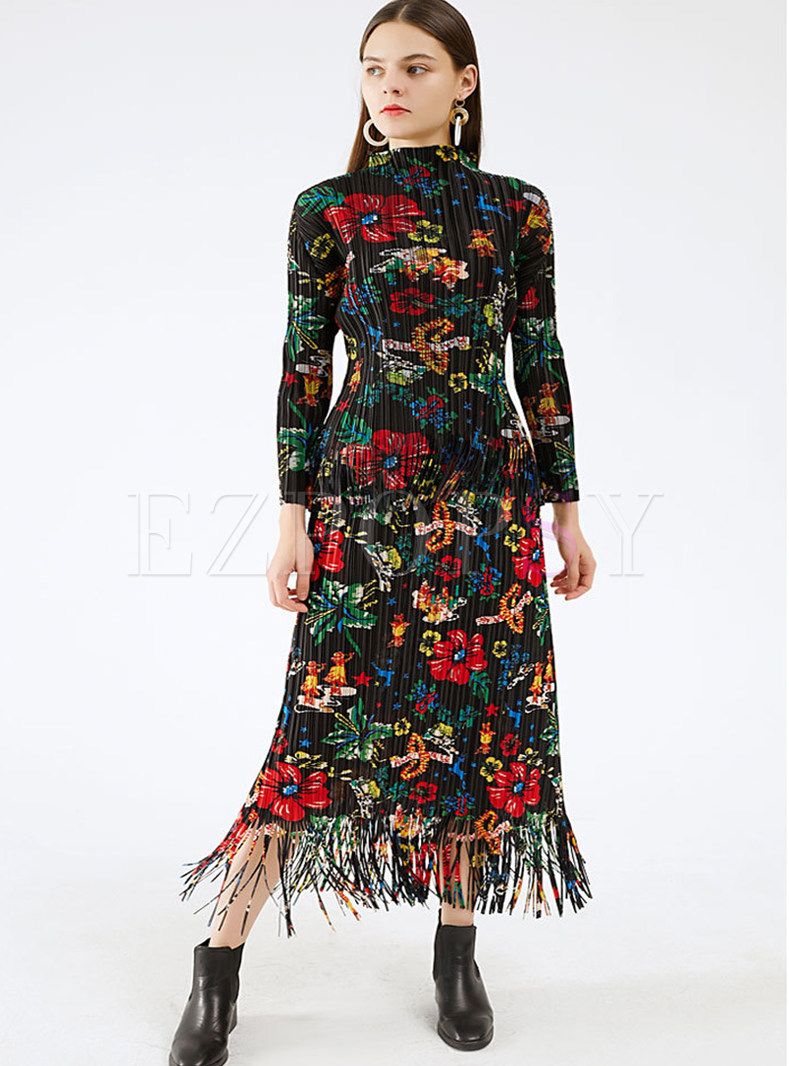 Chic Intarsia Mock Neck Long Sleeve Fringes-Trimmed Skirt Sets For Women
