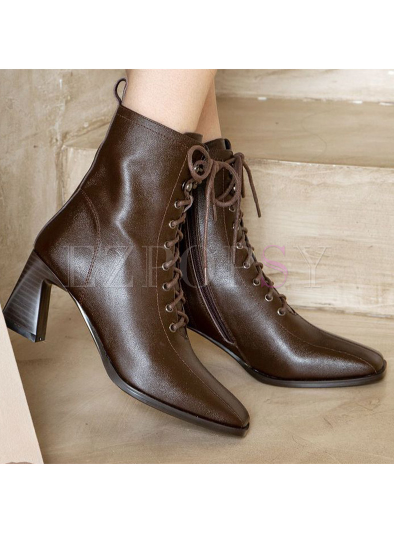 Retro Square Toe PU Ankle Lace-up Boots For Women