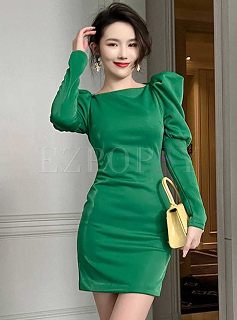Chicwish Puff Sleeve Solid Color Sheath Dresses