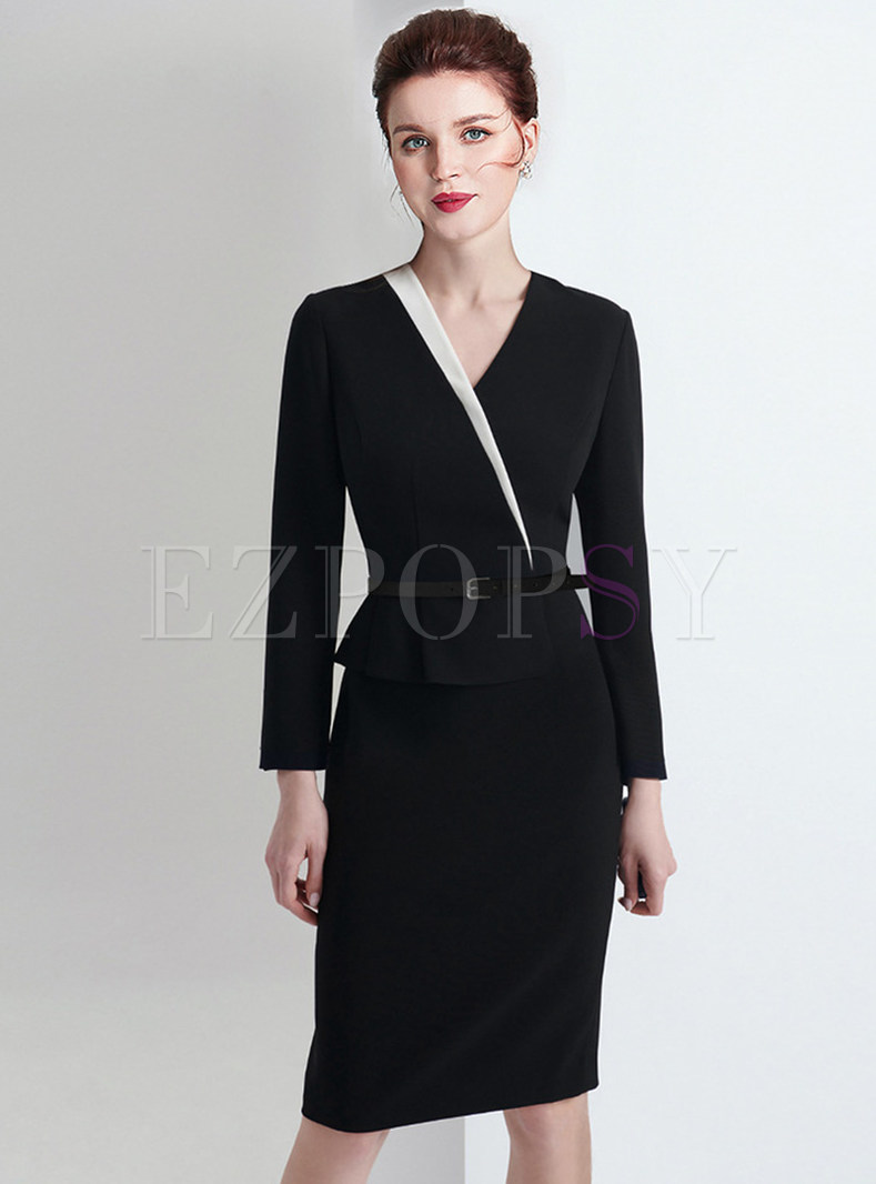 Fitted High Waisted V-Neck Contrasting Sheath Dresses