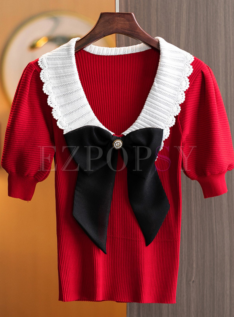 Fitted Turn-Down Collar Contrasting Bowknot T Shirts For Women