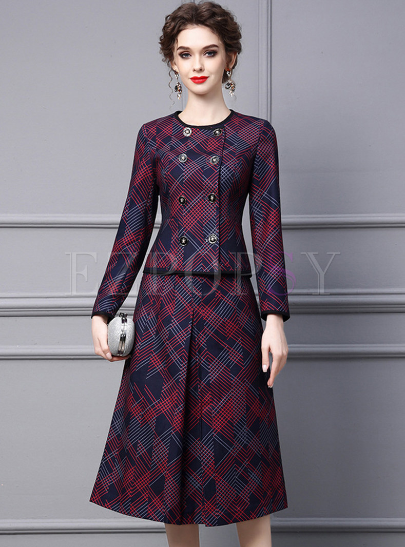 Court Crewneck Plaid Double-Breasted Skirt Outfits For Women