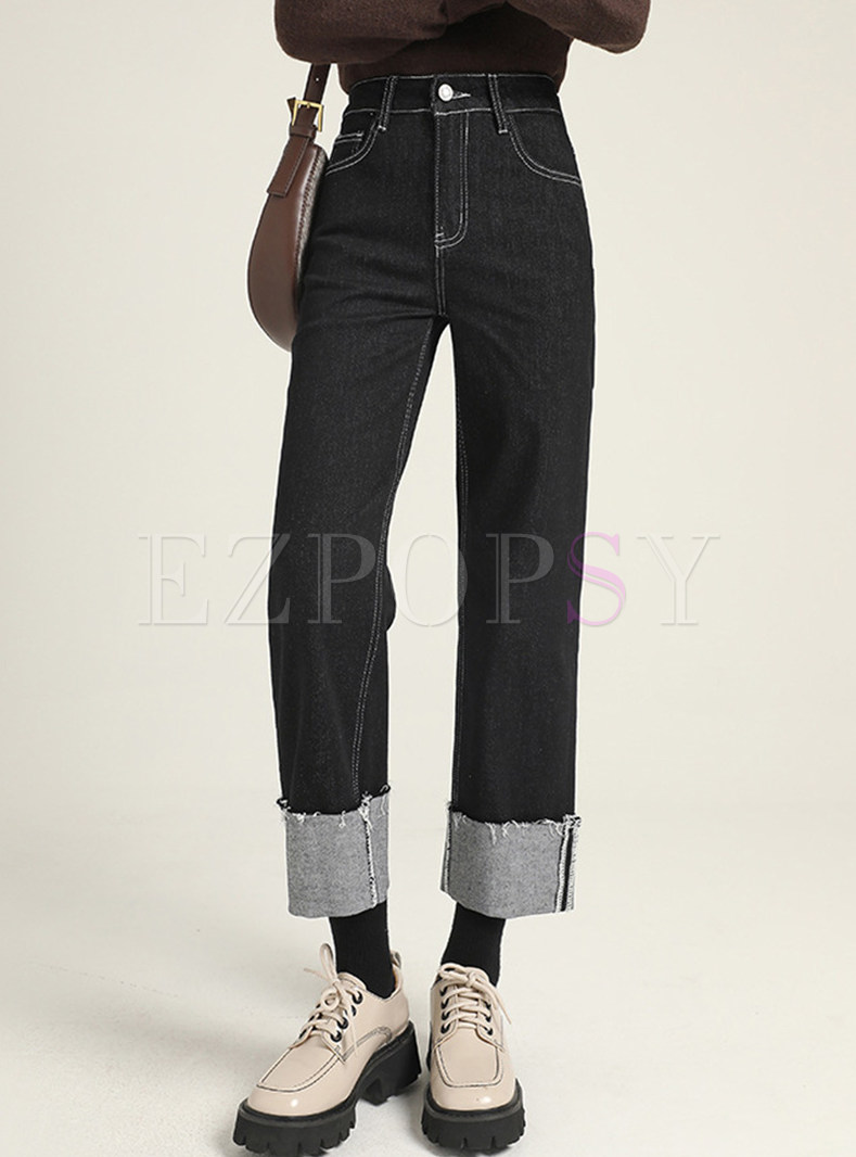 Exclusive Contrasting Straight High Rise Jeans For Women