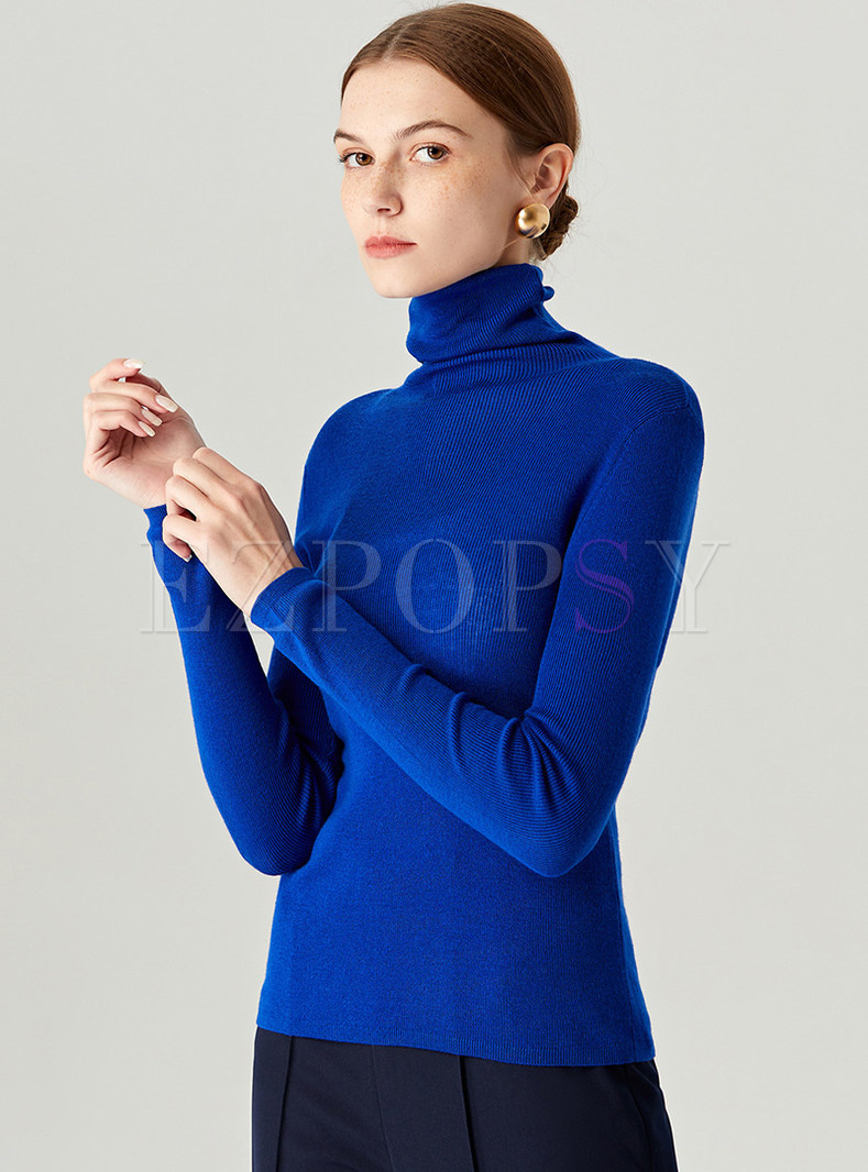 Women's High Neck Fitted Solid Color Knitted Jumper