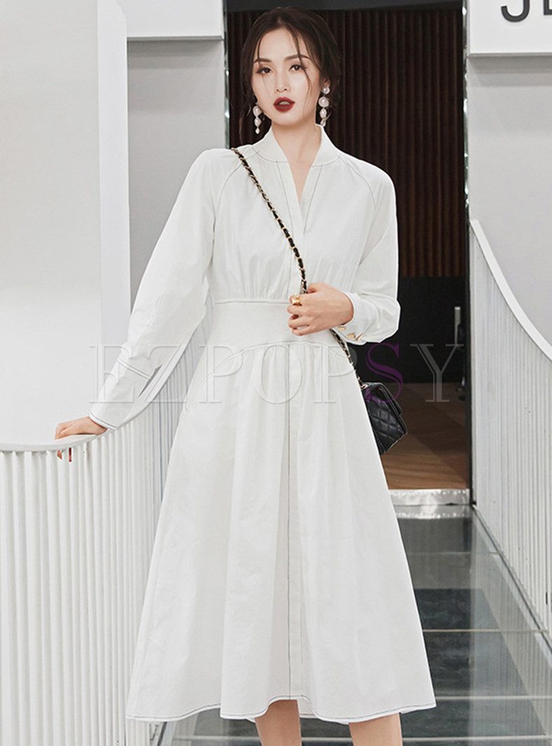 V-Neck Waisted Long Sleeve White Dresses