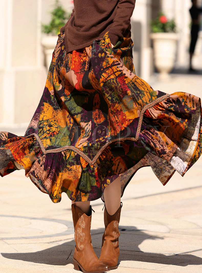 Big Hem Elegant Allover Print Maxi Skirts For Women