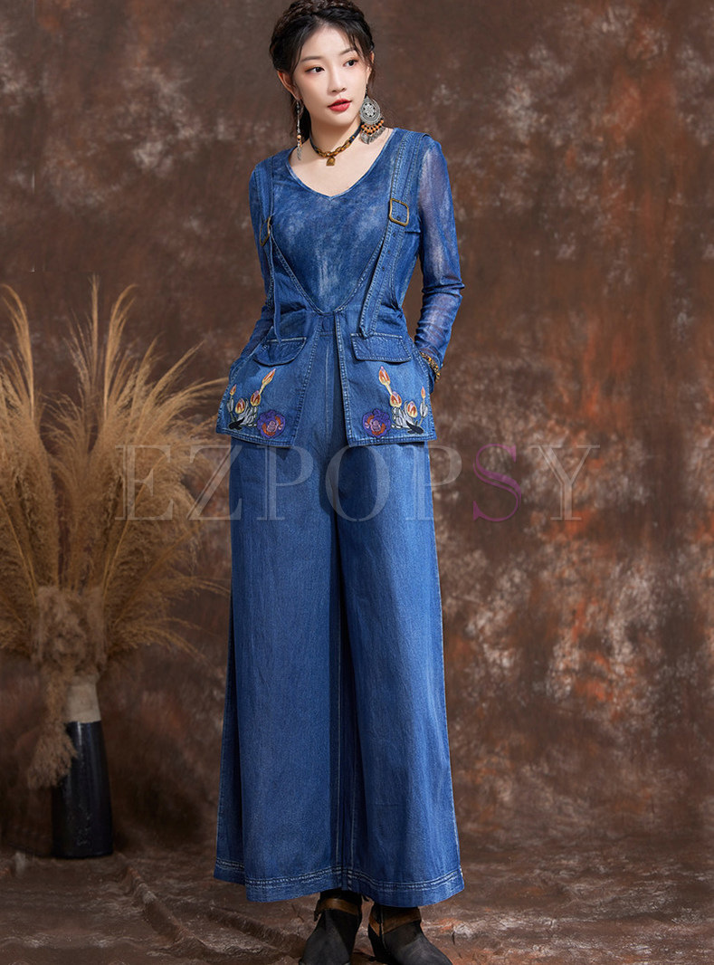Vintage Embroidered Wide Leg Jeans For Women