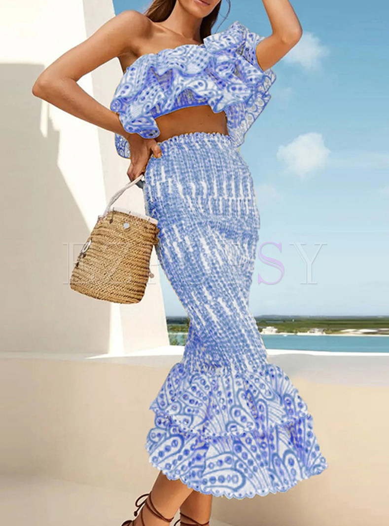 Fashion Frill Trim Tight Mermaid Skirt Suits For Women