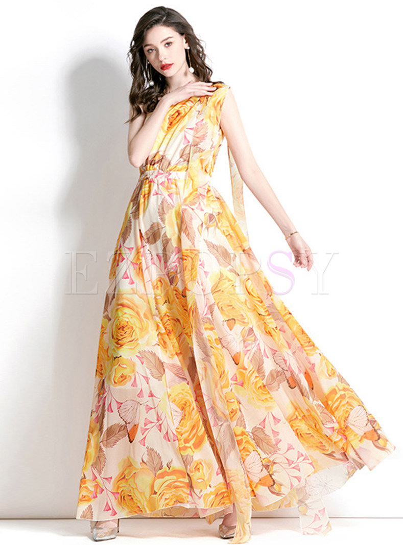 Sweet & Cute One Shoulder Allover Print Big Hem Beach Long Dresses