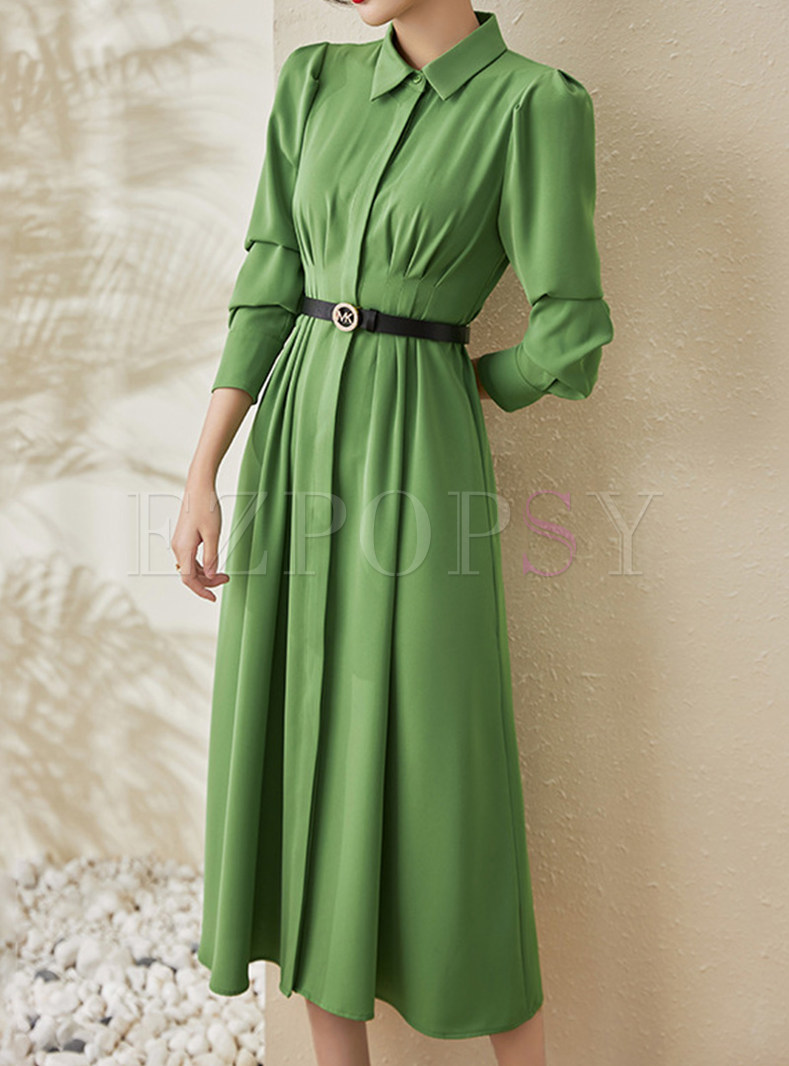 Turn-Down Collar Solid Color Long Sleeve Shirt Dresses