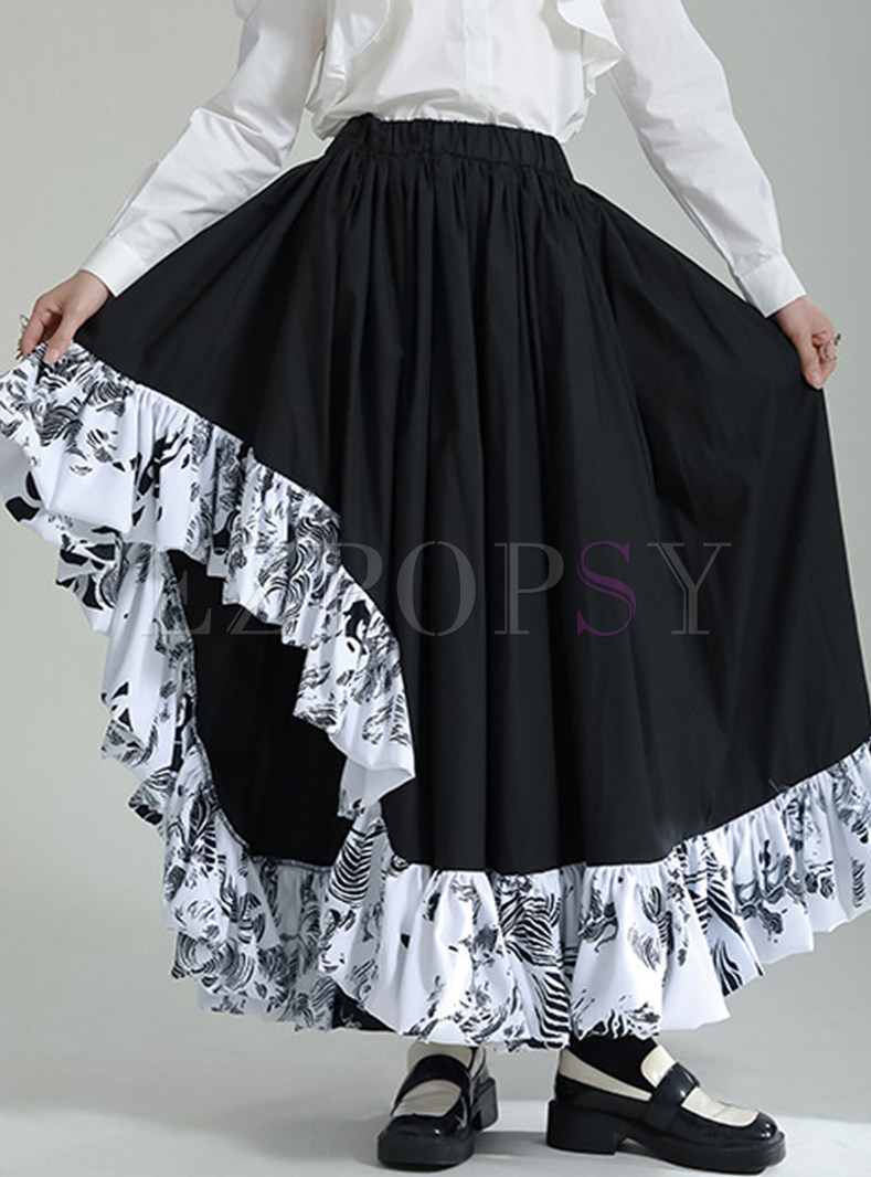 Vintage Irregular Patch Big Hem Black Maxi Skirts For Women