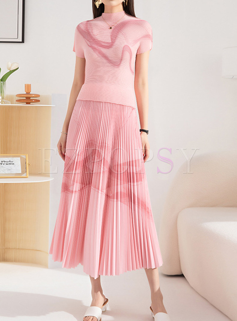 Chic Floral Print Pleated Skirt Suits For Women