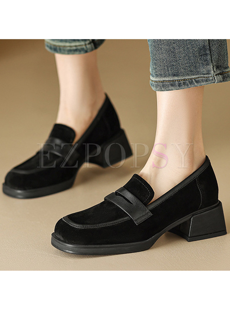 Chunky Heel Suede Loafer Flat For Business Casual Women