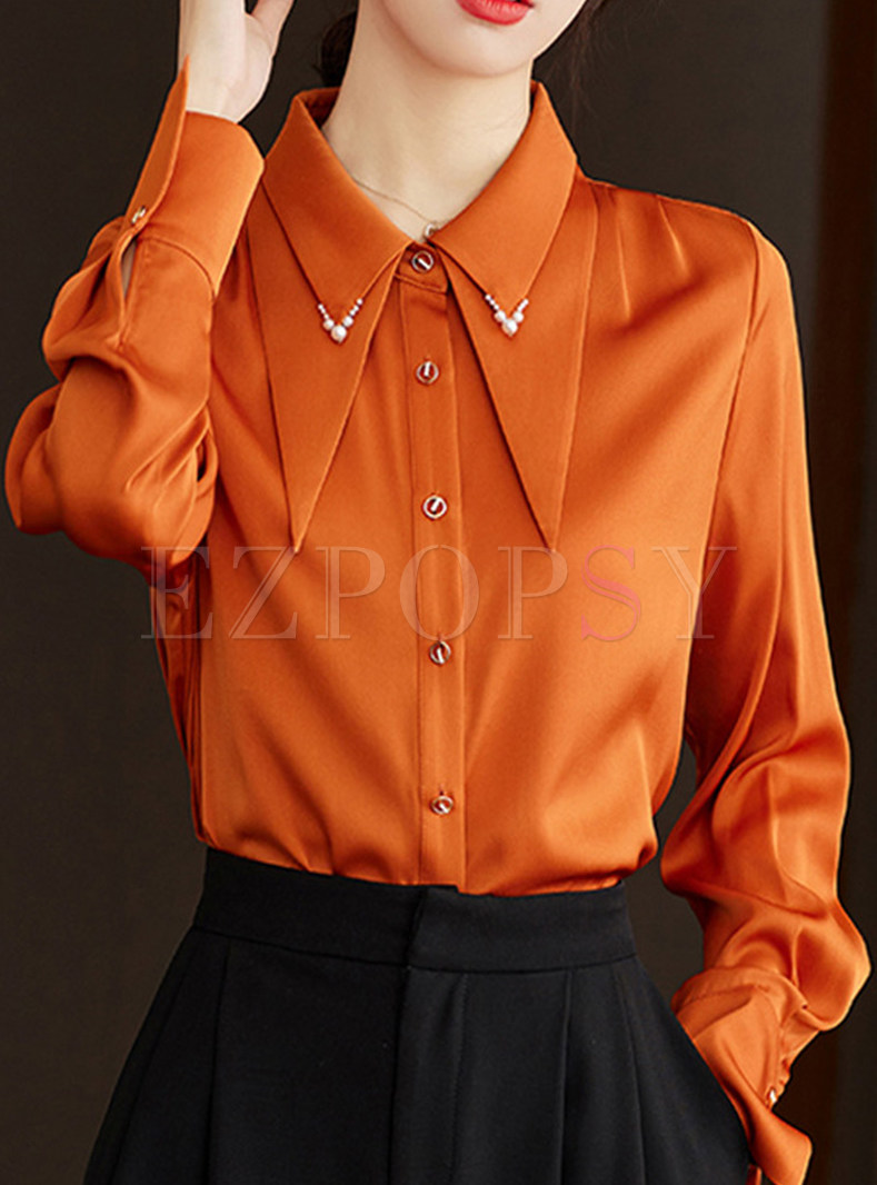 Fashion Turn-Down Collar Solid Color Blouses White Blouses
