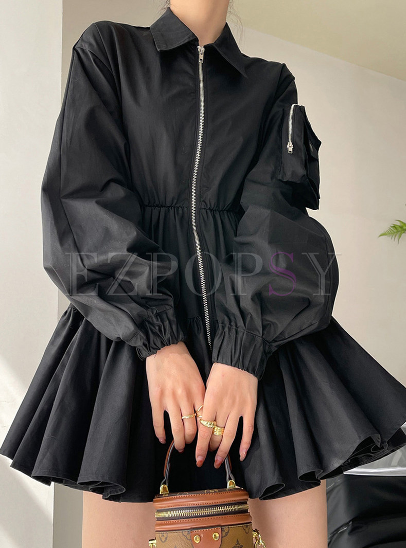 Pretty Turn-Down Collar Full Zip Little Black Dresses