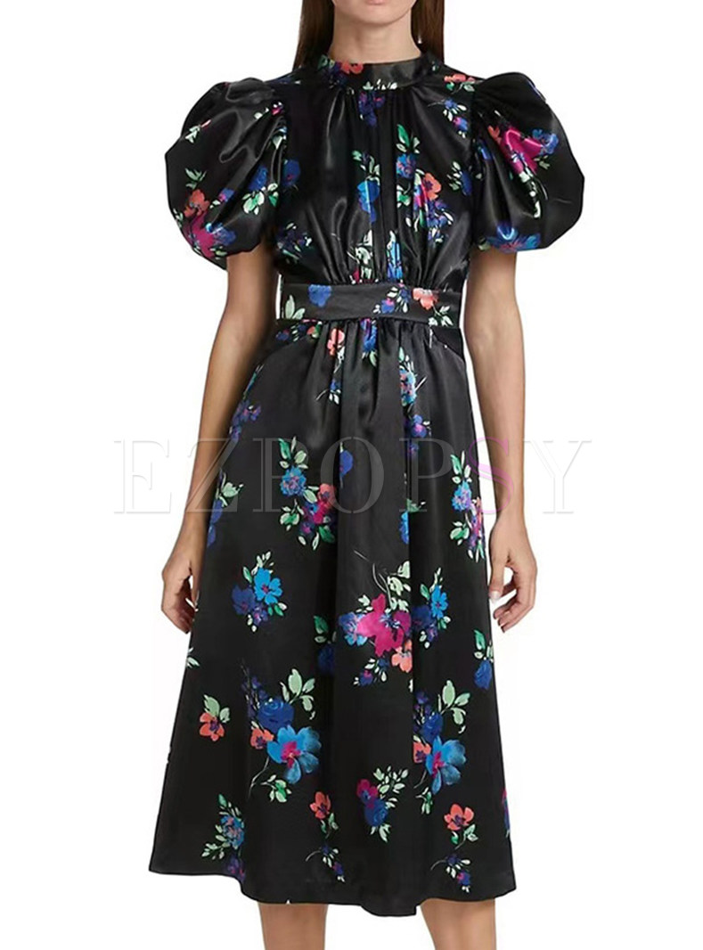 Stylish Puff Sleeve Printed Backless Midi Dresses