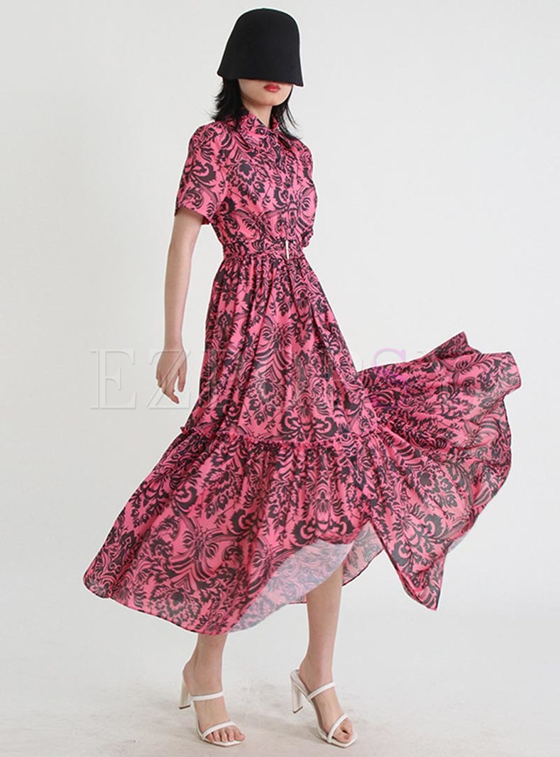 Blooming Shirt Collar All Over Print Maxi Dresses