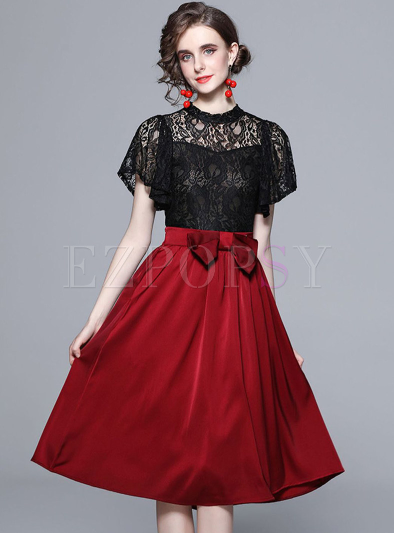 Pretty Water Soluble Lace Top & High Waisted Bow-Embellished Skirts For Women