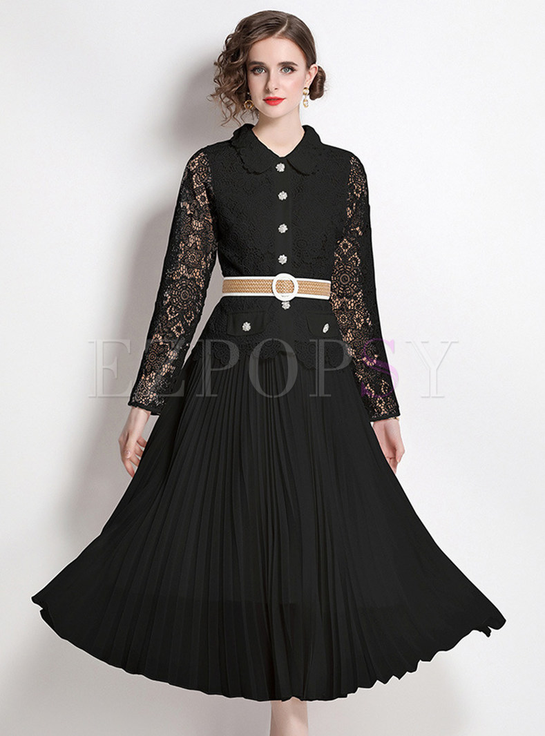 Vintage Water Soluble Lace Splicing Pleated Midi Dresses