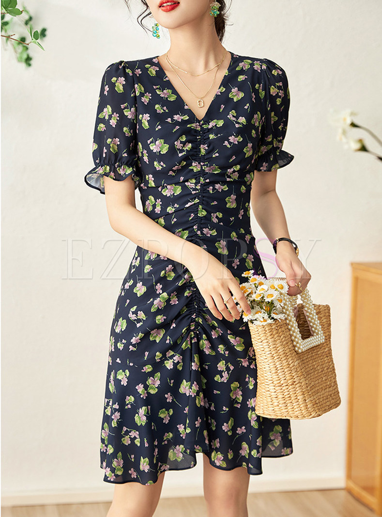 Floral Print Puff Sleeve Ruched Mini Dress