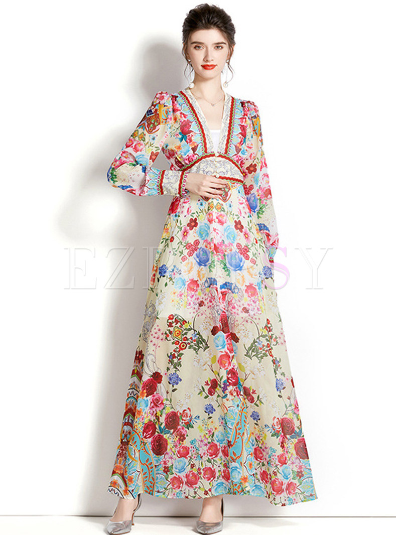 Puff Sleeve Floral Print Maxi Dress