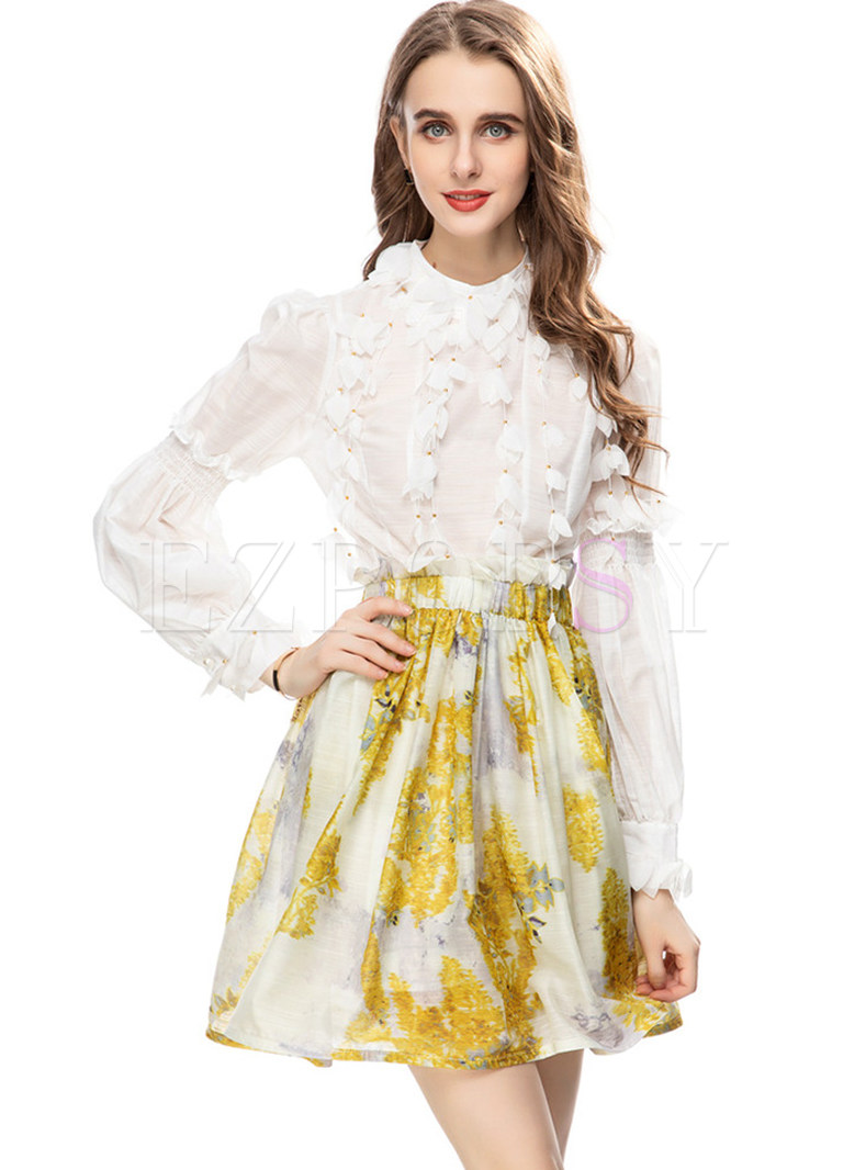 Puff Sleeve White Mini Dress With 3D Flowers