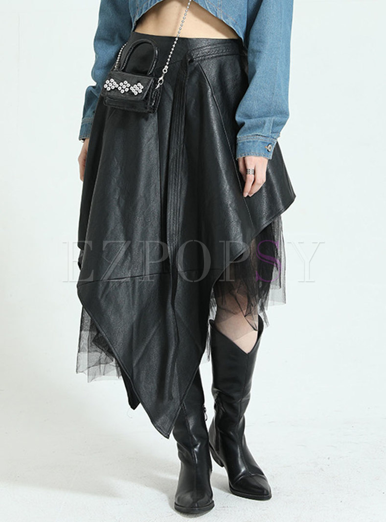 Fashion PU Patch Mesh Irregular Black Skirts